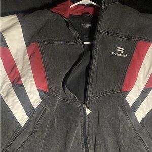 Balenciaga Men's Black and White Bomber Jacket with Red Accents